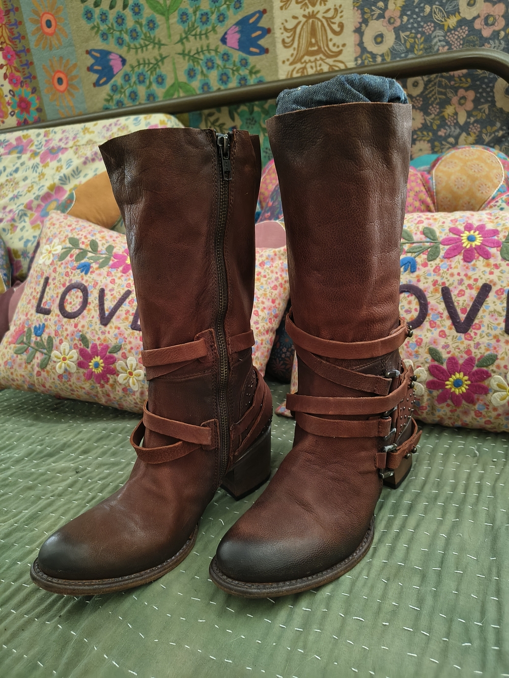 Freebird by Steven Distressed Brown Leather Mid-Calf Buckle Boots